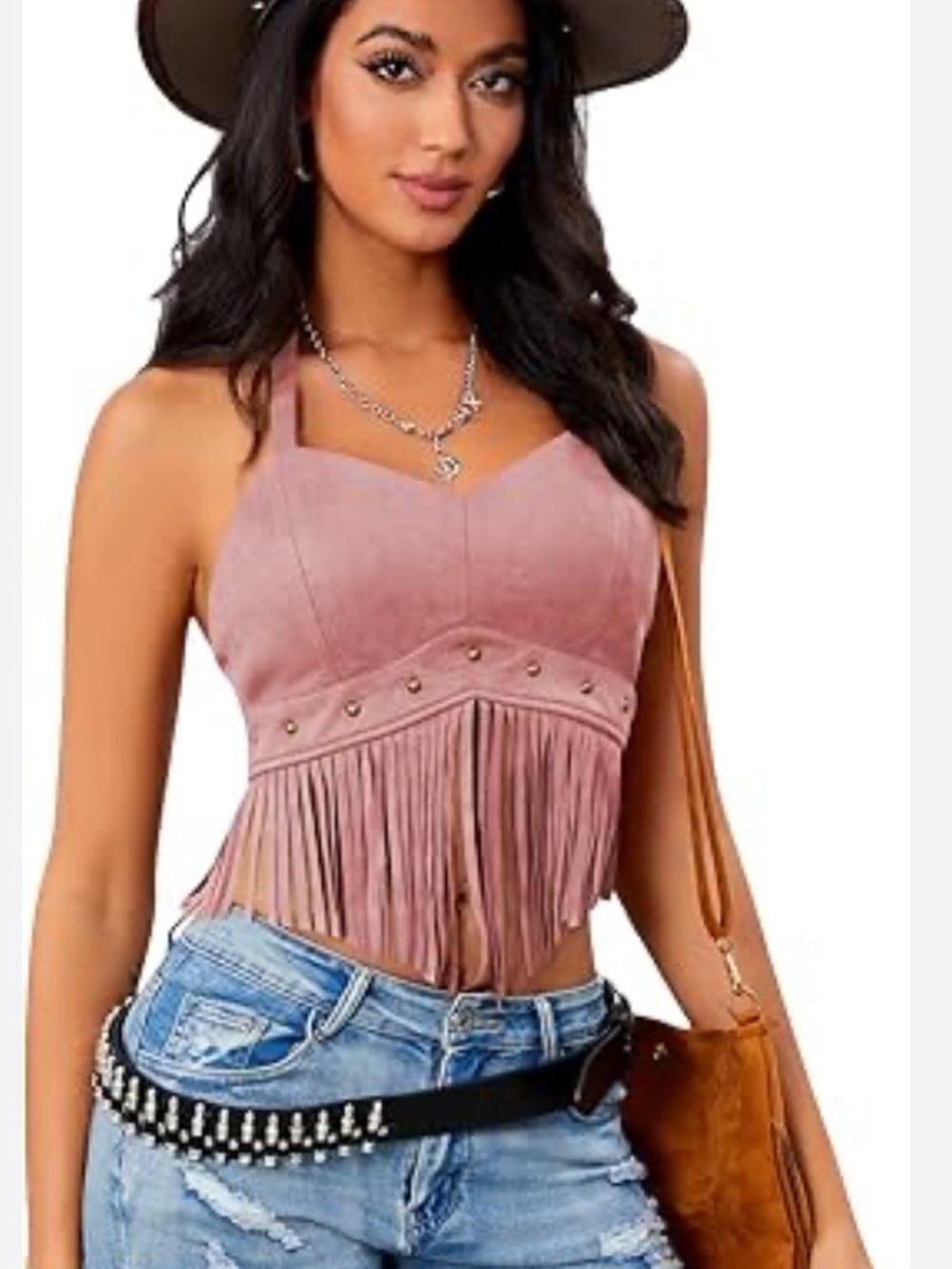 Women's Pink Fringe Western Halter Tassel Top
